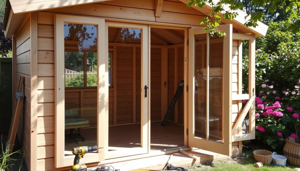 Gartenhütte Fenster und Türen Einbau