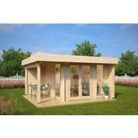 Gartenhütte “Mini Hansa Lounge” 4x4m | Kleines zeitgenössisches Gartenbüro Mini Hansa Lounge | Fertiges Blockhaus-Gartenbüro mit Sonnendach, mit Terrasse