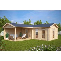 Eck-Gartenhütte “Hansa Corner Deluxe B” 7x7m | Großes Eck-Sommerhaus mit Veranda | Deluxe-Gartenhütte 21m² | 12m² Veranda mit Sonnendach, mit Terrasse