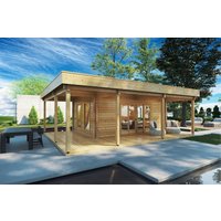 Gartenhütte mit großer Terrasse „Remo 1” 8x6m | Großes Gartenhütte mit Terrasse und Flachdach | Gartenhütte mit Anbau | 6x8m großes Blockhaus mit Sonnendach, mit Terrasse