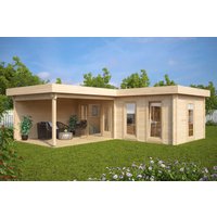 Eck-Gartenhütte “Hansa Deluxe A” 7x7m | Eck-Gartenhütte aus Holz | Großes Gartenhütte mit Terrasse | Holzhaus mit Sonnendach, mit Terrasse