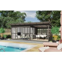 Gartenhütte “Elias XL” 7x3m | 3x7m großes Gartenhütte mit Veranda | 7x3m großes Gartenhütte aus Holz mit Pultdach mit Sonnendach, mit Terrasse