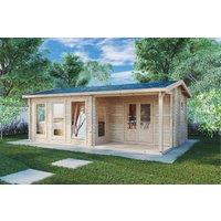Gartenhütte „Malaga 1” 7x4m | Einzimmer-Gartenblockhaus mit Dusche und Toilette | Holzgartenhaus | Kleines Gartenblockhaus mit Terrasse mit Sonnendach, mit Terrasse