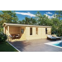Kleines Blockhaus “Hansa Holiday Camping” 9x4m | Holzhaus | 4x9m großes Gartenhütte aus Holz | Home-Office im Gartenhütte mit Schlafboden, mit Sonnendach, mit Terrasse