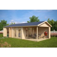 Gartenhütte mit zwei Räumen “Robin” 9x4m | 4x9m großes Gartenhütte mit 2 Räumen | 2-Raum-Gartenhütte mit Satteldach und Schuppen mit Schuppen, mit Sonnendach, mit Terrasse