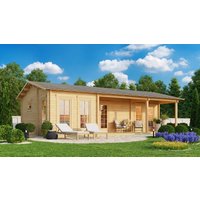 Blockhaus mit zwei Schlafzimmern “Holiday K” 10x6m | Zweizimmer-Holzgartenlodge 60m² | Maßgeschneiderter Bau | Große Fenster mit Schlafboden, mit Sonnendach, mit Terrasse