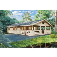 Blockhaus mit zwei Schlafzimmern “Holiday F” 8x13m | Zweizimmer-Blockhaus mit großer Veranda | Maßgeschneidertes Gartenhütte mit Schlafboden, mit Sonnendach, mit Terrasse