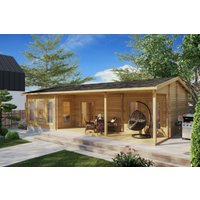 Blockhaus mit Terrasse “Hansa Holiday C” 11x6m | Blockhaus als Ferienhaus kaufen | Großes Gartenhütte aus Holz mit Schlafboden, mit Sonnendach, mit Terrasse