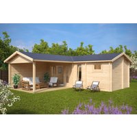 Gartenhütte mit Sauna und Terrasse “Hansa B” 7x7m | Gartenhütte mit Sauna | 3x7m großes Gartenhütte mit Anbau mit Sonnendach, mit Terrasse, mit Sauna
