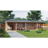 Blockhaus mit 2 Schlafzimmern und Terrasse “Edward” 13x6m | Großes Gartenhütte 13x6m | Blockhaus | Blockbohlenhaus mit Schlafboden, mit Sonnendach, mit Terrasse