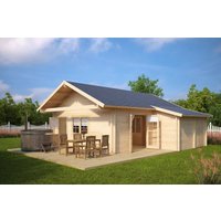 Blockhaus mit Schlafboden “Dakota” 7x7m | Großes Gartenhütte mit Schlafboden | Blockbohlenhaus mit Satteldach | Blockhaus kaufen mit Schlafboden, mit Schuppen, mit Terrasse