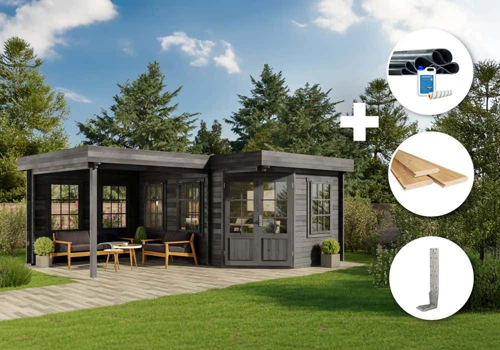 ECO Set - Gartenhütte 5-Eck Pepe - grau 6x5m
